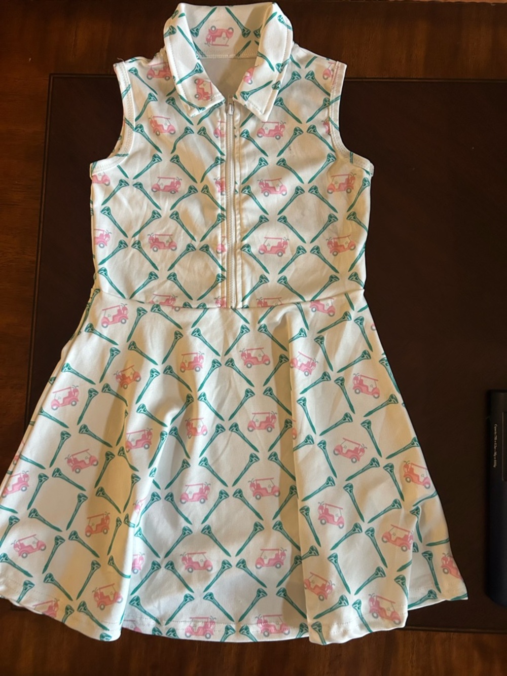 Girls White Polo Dress with Pink Golf Cart Print and Teal Accents